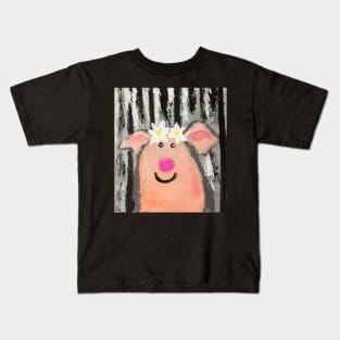 Funny pig with flowers Kids T-Shirt